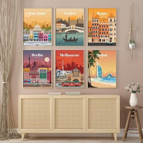 Travel City Wall Art, Dubai IatanbuI Prints Poster, Watercolor Art Prints, San juan venice Poster, Rome Shanghai City Wall Decor