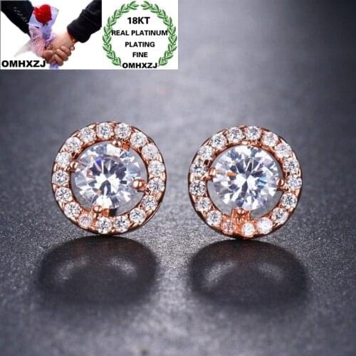 OMHXZJ Wholesale EA627 European Fashion Woman Girl Party Birthday Wedding Gift Round Zircon 18KT White Rose Gold Stud Earrings