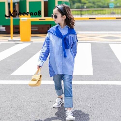 Autum Spring Big Girls Clothes Children Striped Blue Long Sleeve Shirts for Teenage Girls Kids Casual Coats Tops10 12 14 15Years