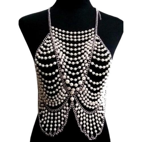 Chran Fashion Women Full Body Multi Layer Faux Pearl Statement Necklace Chain Slave Necklace Beach Chain Halter Jewelry BDC397