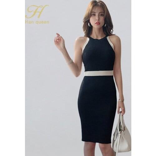 H Han Queen Summer Off The Shoulder Pencil Dress Women Sleeveless Elastic Knitted Sheath Dresses Elegant OL Work Vestidos New