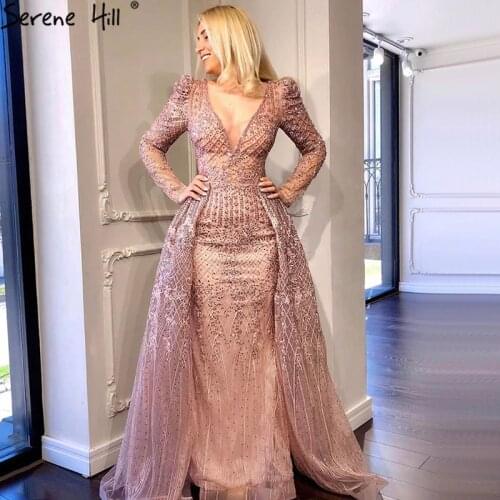 Serene Hill Pink Long Sleeves Dubai Evening Dress 2020 Mermaid V-Neck Beading Sequined Sexy Formal Party Wear Gown CLA70537