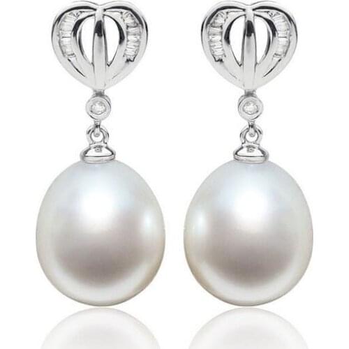 Free Shipping AAA 11-11.5mm White Real South Sea Pearl Diamond Drop Earrings 18K White Gold
