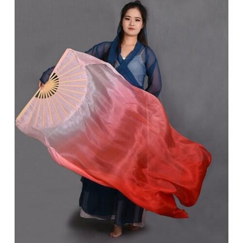 New Red Gradient Silk Veil Elegant 100% Real Belly Dance Silk Veils Bamboo Fan Adults 180cm 300cm Extra Long Hand Dye Customized