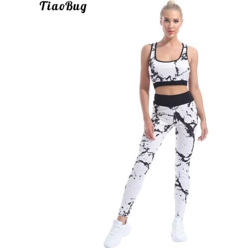 TiaoBug Summer Women Fashion 2Pcs Marbling Tracksuit Sport Yoga Suit Outfit Racer Back Vest Crop Top With Leggings Sets