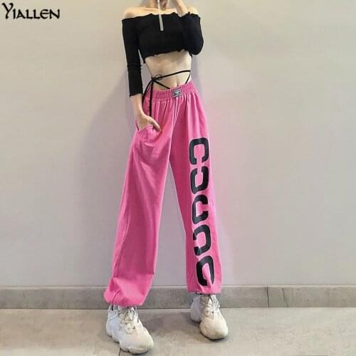 Yiallen Summer Autumn Letter Print Hip Hop Pants Women Bandage Casual Trend Baggy High Waist Streetwear Elastic Sporty Trousers