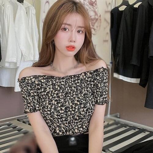 Womens Floral Print Slash Neck Off Shoulder Exposed Navel Chiffon Short Sleeve Casual Shirt Crop Top