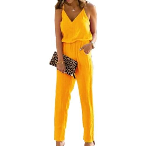 Womens Jumpsuits 2021 Summer Casual Solid Color V Neck Spaghetti Strap Jumpsuit Women Long Pants Romper