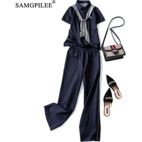 Summer Clothes For Women 2020 2 Piece Set Women Office Lady Pullover Turn-down Collar Elastic Waist Striped Sets For Women 4XL