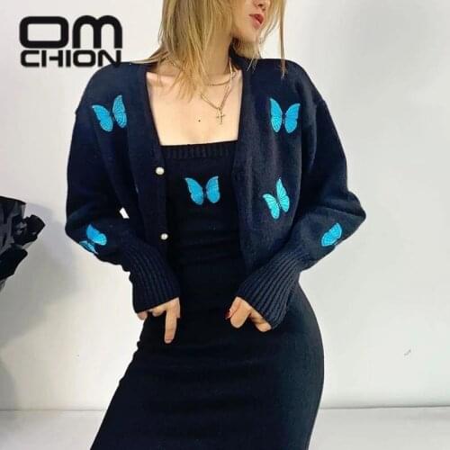 OMCHION Fall Winter Knitted Top Femme 2021 New Butterfly Embroidered Lantern Sleeve Cardigan Women Casual Sweet Sweater Coat