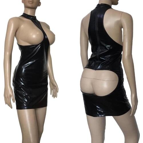 Hot Women Wet Look Open Butt Cupless Mini Dress Faux Leather Bodycon Mistress Fetish Dress Erotic Lingerie