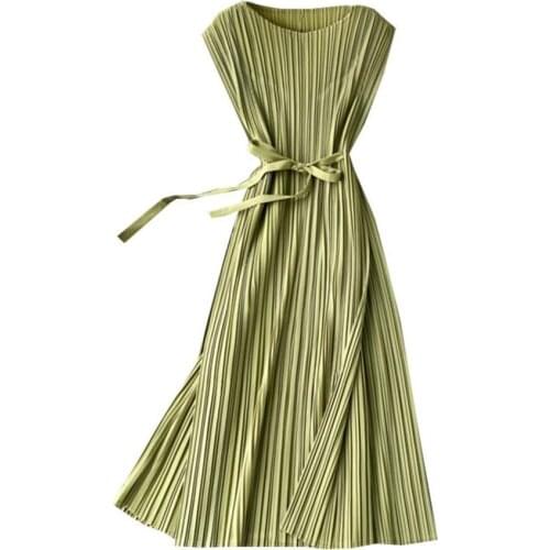 2021 summer elegant sleeveless pleated dress women slim high waist lace up dress