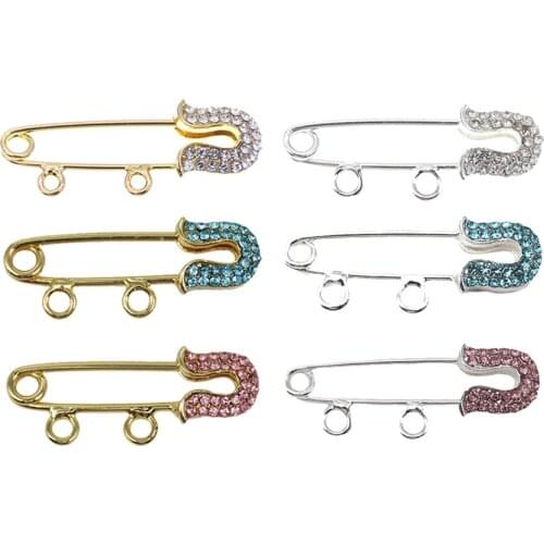 20pcs 3.8cm Gold Plating Alloy Rhinestone Brooches Crystal Hijab Scarf Pins With 2 Loops For DIY