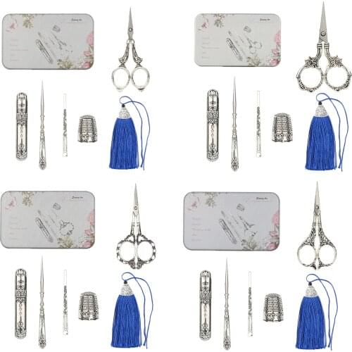 5 PCS Retro Scissors Set European Vintage Scissor+Needle Storage+Thimble +Threader Tube+Awl Sewing Kits For Needlework