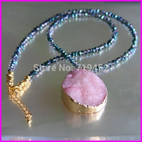 Free Ship! 5pcs/lot Fashion Quality Gold color Nature Druzy Drusy Stone Pendant Necklace Blue Acrylic Bead Women Necklace