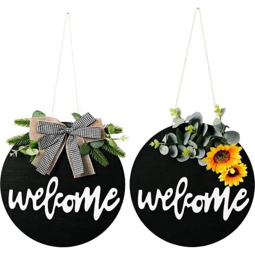 American Country Wooden Welcome Doorplate Sunflower Bow Decoration Wreath Door Decoration Welcome Bedroom Decor