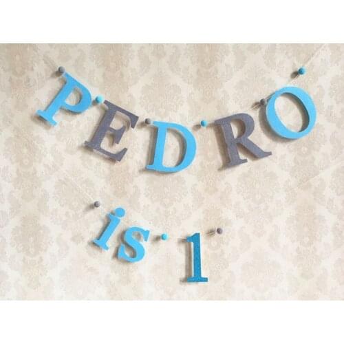 Personalized Baby name bunting boy birthday party banner Pom poms nursery bedroom flag Blue Grey Baby Shower Party Decoration