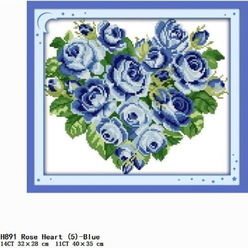 Joy Sunday Embroidery Needlework Fabric Patterns 11CT 14CT Stamped Home Decor Counted Printing Cross Stitch Kits Rose Heart-Blue