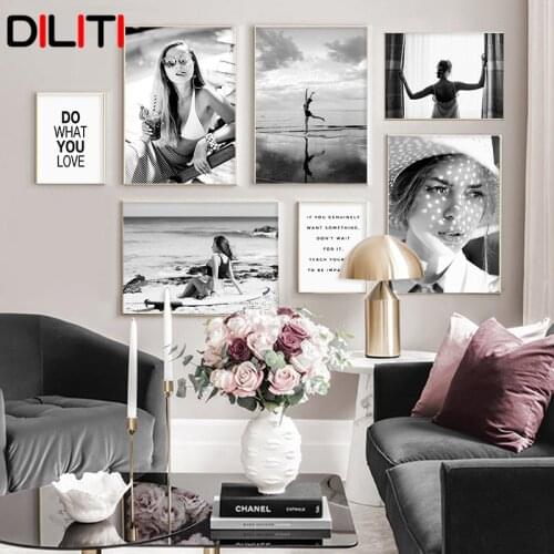 Summer Vacation Sexy Girl Canvas Painting Nordic Black White Posters and Prints for Living Room Wall Art Pictures Bedroom Decor