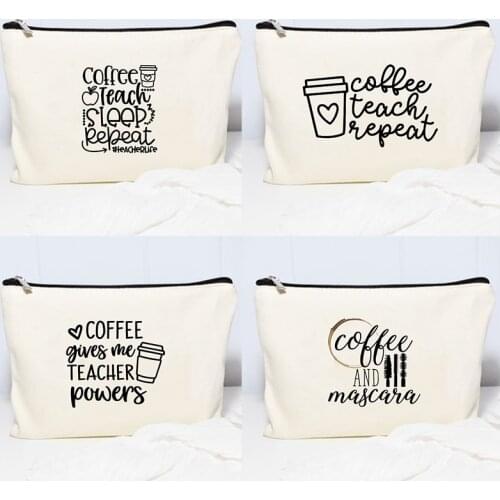 Coffee Teach Sleep Repeat Print Women Zipper MakeUp Bags Travel Cosmetic Bag for White Female Toiletry Storage Bag Teacher Gifts