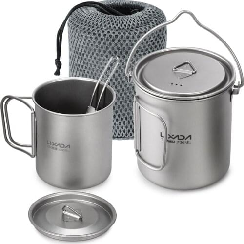/ Lixada 3 Pieces Titanium 750ml Pot Camping Tableware 420ml Water Mug Folding Spork Outdoor Camping Cookware Set Hiking Picnic