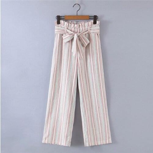 Merodi Women Fashion Striped Print Summer High Waist Long Pants With Belt Chic Lady Casual Pleated Chic Trousers