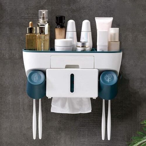 Multifunctional Toothbrush Holder Wall Mounted-Toothbrush Organizer With Tissue Box,Cosmetic Organizer And Cell Phone
