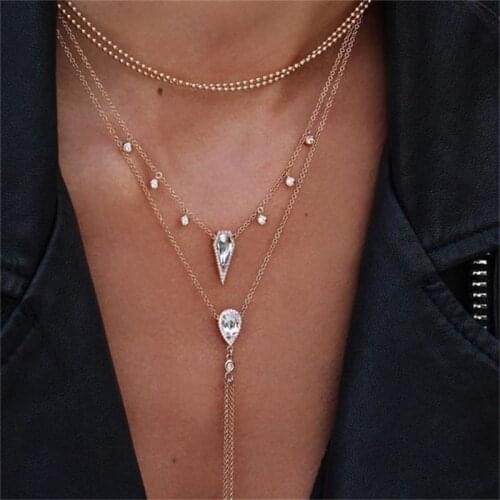 F1012 crystal inlaid diamond water drop shape multilayer Necklace exaggerated sweater chain