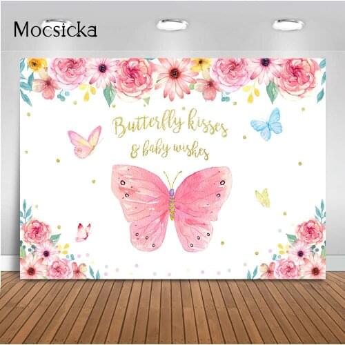 Mocsicka Butterfly Kisses Backdrop Baby Wishes Floral Photo Background Pink Flowers Girl Baby Shower Party Decoration Girls