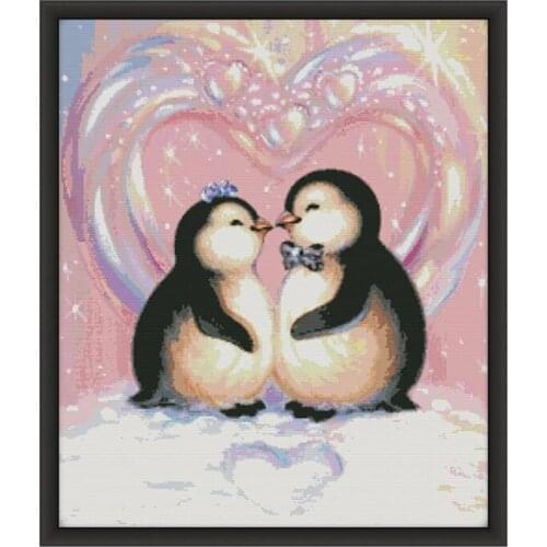Penguin Love Cross-Stitch Embroidery Kit 14CT and 11CT Cute Animals Manual Needlework Home Crafts Decoration Hanging Picture