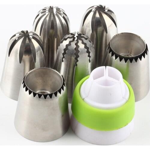 4Pcs Big Size Rose Stainless Steel Icing Nozzles Piping +Sultane Large Tube 2Pcs Pastry Russian Tip And 1Pcs Coupler