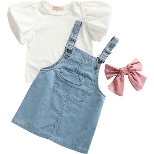 New 3Pcs Girls Outfit, Summer Sweet Style Solid Color Round Collar Puff Short Sleeve Tops + Bow + Princess Suspender Skirt