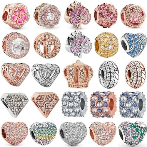 New Shiny Full Rhinestone Crown Heart DIY Beads Suitable for Original Pandora Charm Bracelet Ladies European Jewelry Making Gift