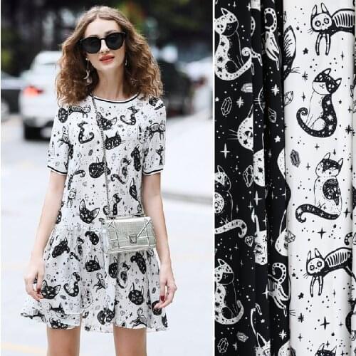 Cat cartoon pattern plain satin printed fabric childrens dress shirt pants apparel fabric