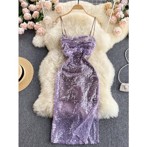 Sexy Purple Sequins Spaghetti Strap Dress Women Summer Beach Party Vestidos Female Sleeveless High Waist Bodycon Robe 2021 New