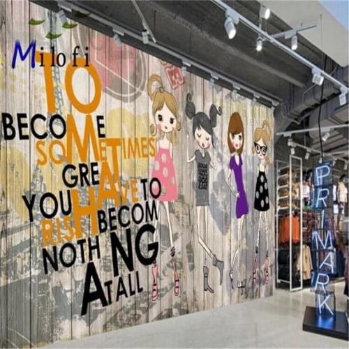 Milofi custom wall decoration wallpaper mural fashion cartoon girl clothing store bag shop background wall
