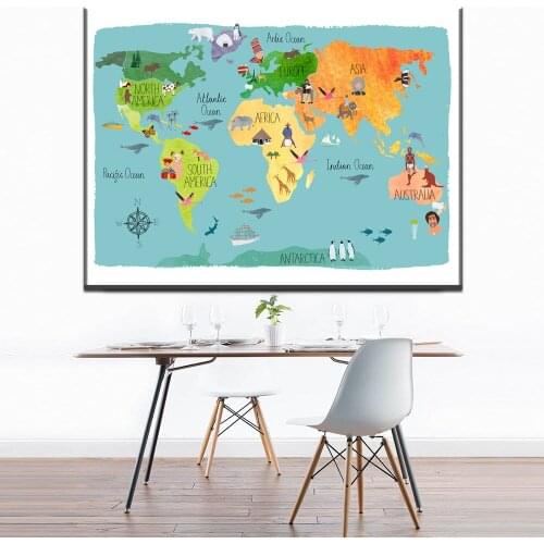 Xdr664 Nordic Children Kawaii Cartoon Animals World Map, Canvas Print Painting Poster Wall Pictures For Kids Room Home Decor