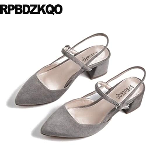 Chic brown pumps high heels quality medium pointed toe size 33 strap shoes block slingback mary jane ladies gray suede sandals