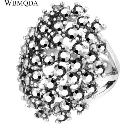 Hot Vintage Bohemian Statement Jewelry Fashion Big Crystal Ring Tibetan Silver Engagement Wedding Rings For Women Accessories
