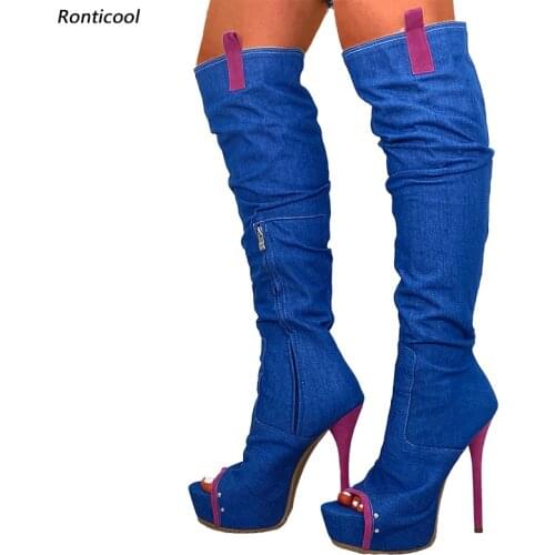 Ronticool Women Spring Knee High Boots Denim Boots Stiletto Heels Peep Toe Blue Black Light Blue Shoes Women Plus US Size 5-20