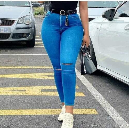 Ladies High-Rise Ripped Stretch Slim-Fit Jeans 2021 New Women Button Hole Pencil Pants Trousers Summer Street Casual Denim Pants