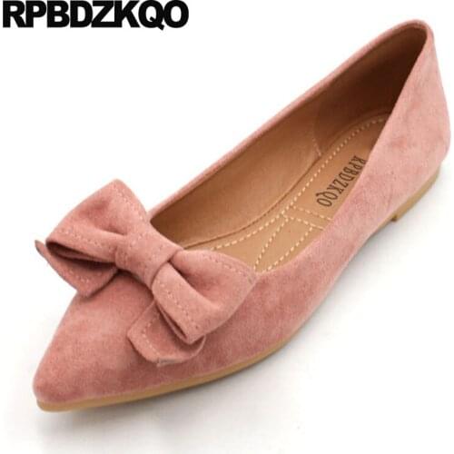 Slip on pointed toe chinese designer soft china pink kawaii women flats shoes with little cute bowtie ladies large size suede