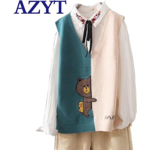 AZYT Autumn V Neck Panelled Sweater Vest Women 2021 Loose Cartoon Print Knit Sleeveless Tank Tops Female Jacket Waistcoat Jumper