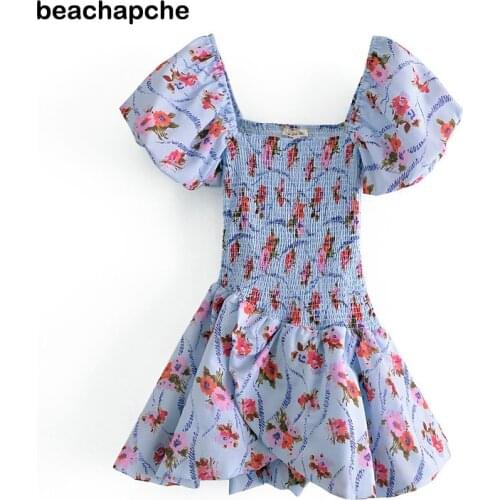 Beachapche Summer Women Sweet Floral Print Cake Princess Dress Sexy Square Neck Puff Sleeve Mini Robe Elegant Ladies Vestido