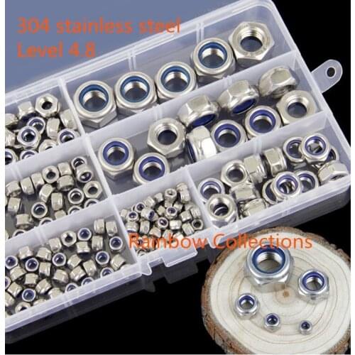 180pcs/set Level 4.8 mixed M3 M4 M5 M6 M8 M10 M12 304 stainless steel Self-locking Nut Lock Nut Anti-loose Nylon Hex Nut