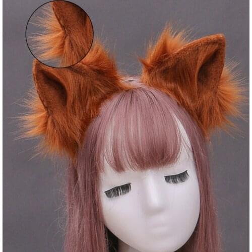 Animal Anime Faux Fur Wolf Ears Headband Handmade Solid Color Fluffy Plush Hair Hoop Party Cosplay Costume Headpiece