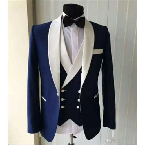 ANNIEBRITNEY Blue Slim Fit Men 3 Piece Wedding Suit Formal Suit Set With Satin Notched Lapel High Quality Groom Wedding Tuxedo