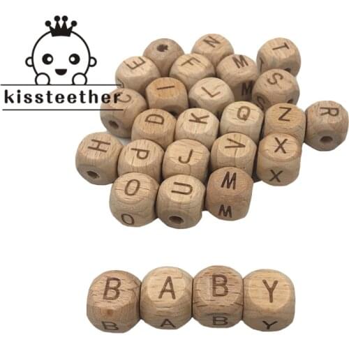 Wooden Teething Accessories 100pc 12mm Square Shape Beech Wood Letter Beads Teething DIY Jewelry Alphabet Beads Baby Teether