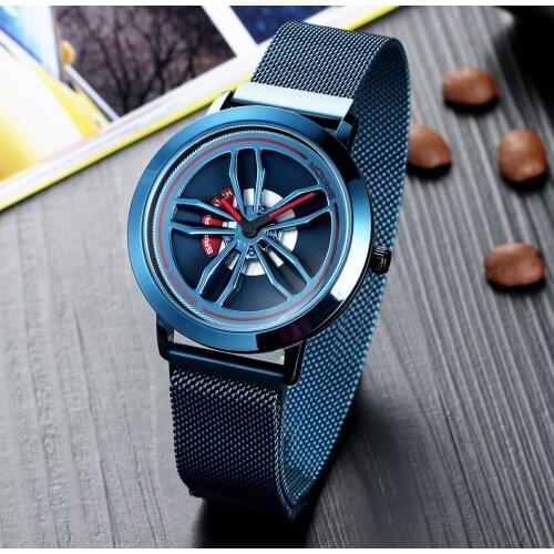 Men Watch Car Wheel 360 Degree Rotating Dial Magnetic Mesh Belt Band Quartz Wristwatch Rim Hub Watches Male relogio masculino