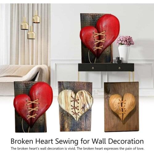 Wooden Broken Heart Decor Stitched Heart Shape Wall Art Decoration Sewing Heart Shaped for Bookshelf Home Wall Decor